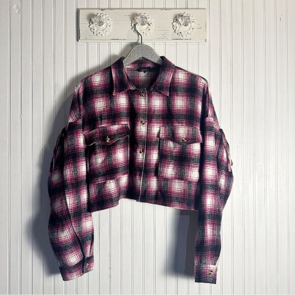 Vici Purple Black Plaid Cropped Fringe Flannel Shacket - Picture 3 of 6